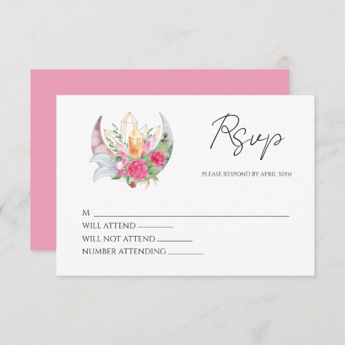Boho Moon Crystals Feathers Pink Flowers Wedding  RSVP Card