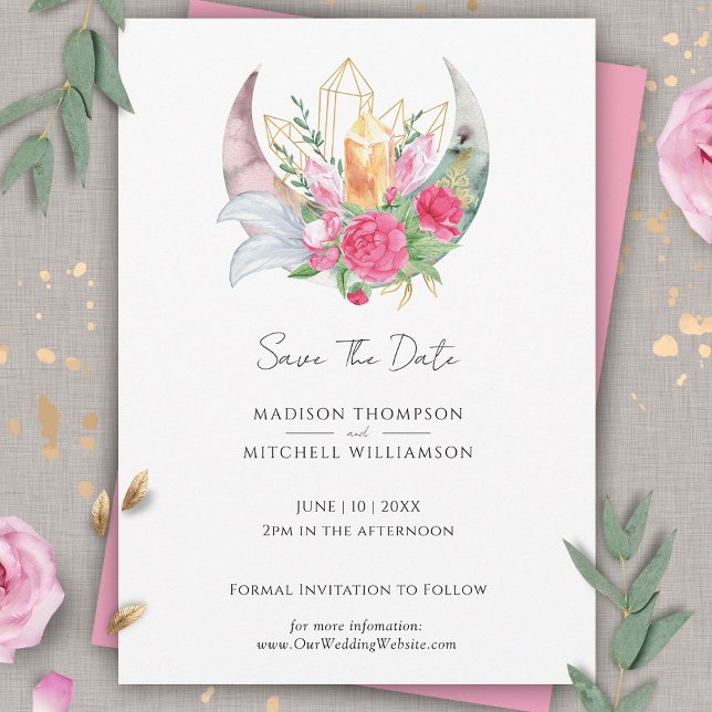 Boho Moon Crystals Feathers Pink Flowers Wedding  Save The Date (Creator Uploaded)