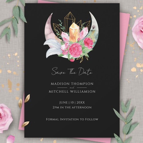 Boho Moon Crystals Feathers Pink Flowers Wedding  Save The Date