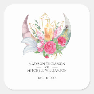 Boho Moon Crystals Feathers Pink Flowers Wedding  Square Sticker