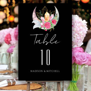 Boho Moon Crystals Feathers Pink Flowers Wedding Table Number