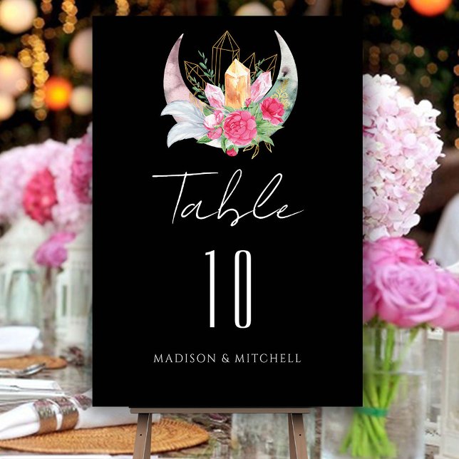 Boho Moon Crystals Feathers Pink Flowers Wedding  Table Number (Creator Uploaded)