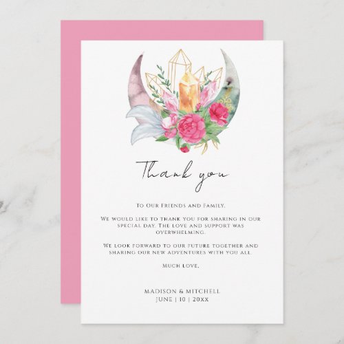 Boho Moon Crystals Feathers Pink Flowers Wedding  Thank You Card