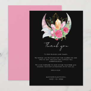 Boho Moon Crystals Feathers Pink Flowers Wedding  Thank You Card