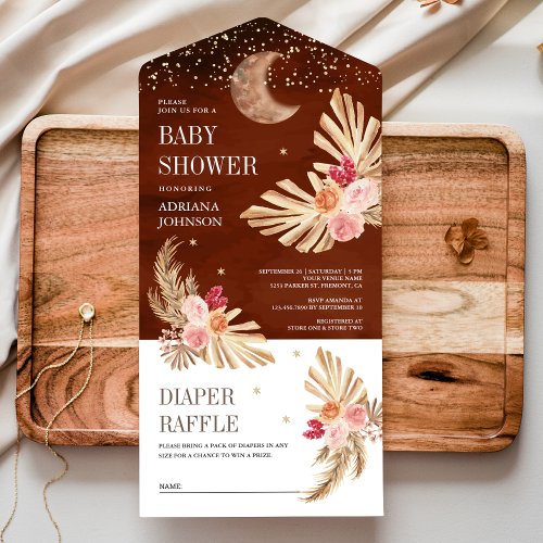 Boho Moon Dried Palm Pampas Terracotta Baby Shower All In One Invitation