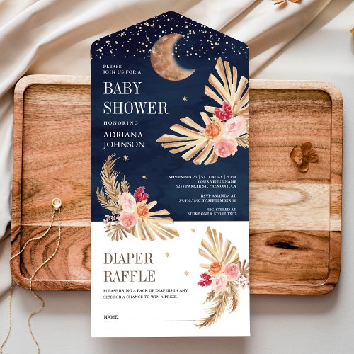 Boho Moon Earthy Floral Pampas Navy Baby Shower All In One Invitation