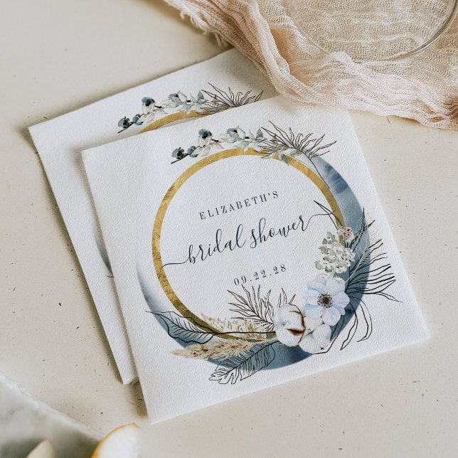 Boho Moon Floral Wreath Indigo Gold Napkins (Creator Uploaded)