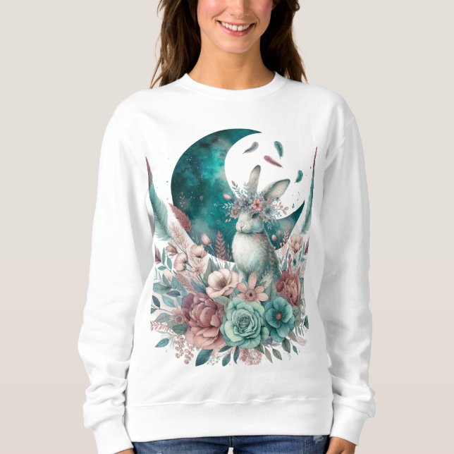 Boho Moon Flowers Teal and Mauve Bunny Sweatshirt (Front)