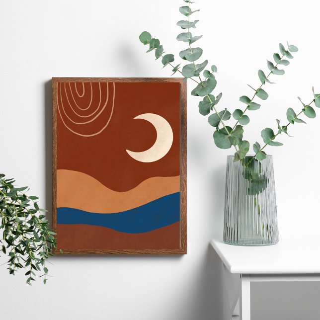 Boho Moon Landscape Abstract Terracotta Trendy Poster (Boho Moon Landscape Beige Brown Blue White Wall Art. Digital and Printed)