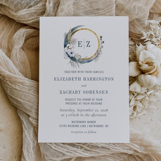 Boho Moon Monogram Wreath Indigo Wedding Invitation (Creator Uploaded)