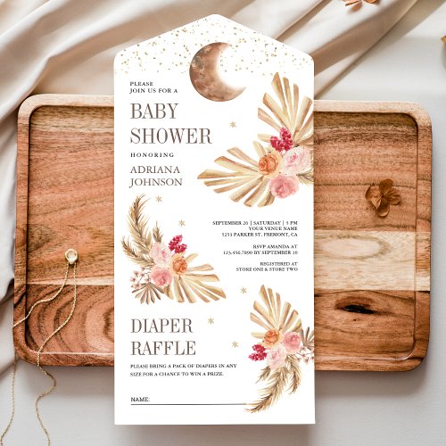 Boho Moon Palm Earthy Floral Pampas Baby Shower All In One Invitation