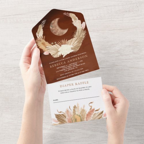 Boho Moon Pampas Grass Terracotta Baby Shower All In One Invitation