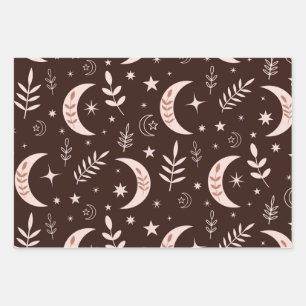 Boho moon pattern with leaves and stars wrapping paper sheets