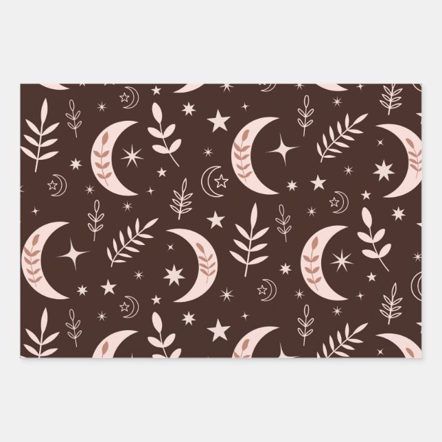 Boho moon pattern with leaves and stars wrapping paper sheets (Front)
