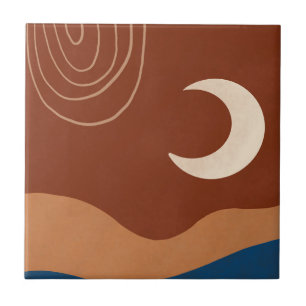 Boho Moon Rainbow Landscape Rust Tan Blue Brown Ceramic Tile