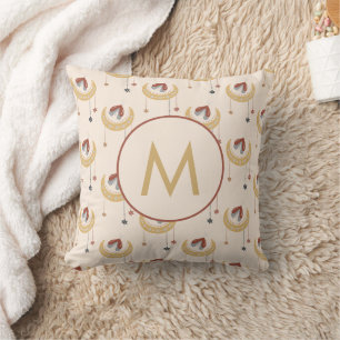Boho Moon Stars Butterfly Pattern Monogram Throw Pillow