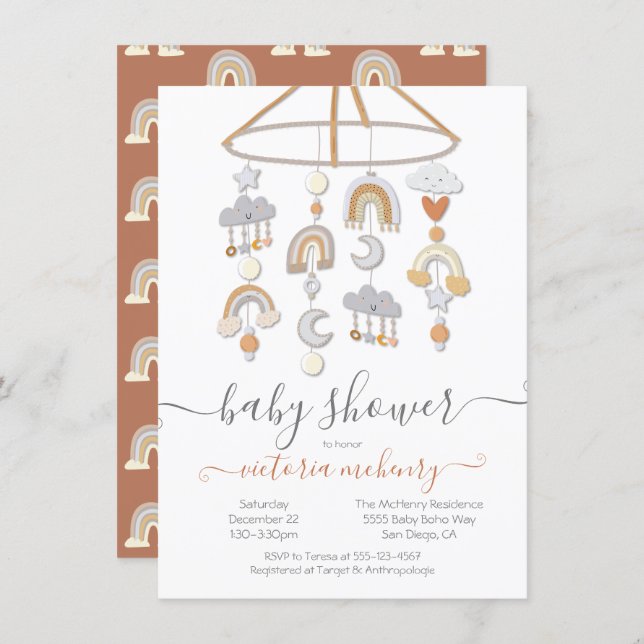Boho Moon Stars Rainbows Clouds Mobile Baby Shower Invitation (Front/Back)