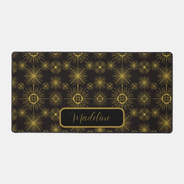 Boho Moon Stars Sun Black Pattern Desk Mat (Front)