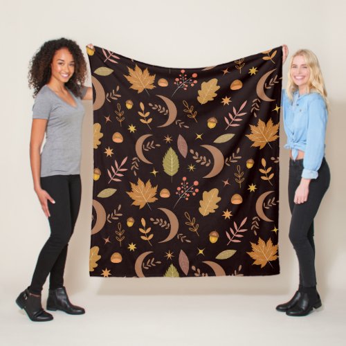 Boho Moon with autumn leaves pattern    Fleece Blanket