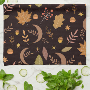 Boho Moon with autumn leaves pattern    Kitchen Towel