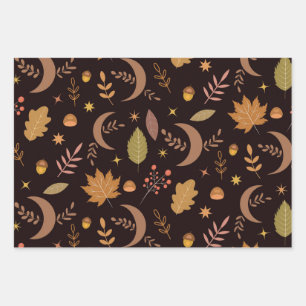 Boho Moon with autumn leaves pattern  Wrapping Paper Sheets