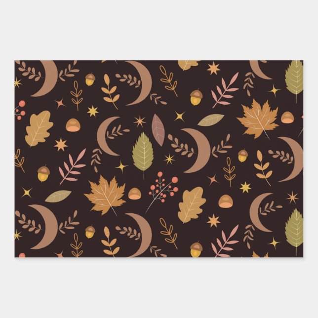 Boho Moon with autumn leaves pattern  Wrapping Paper Sheets (Front)