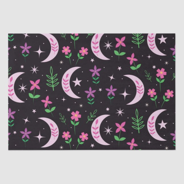 Boho Moon  with Pink Flowers and Leaves Tissue Paper (Front)