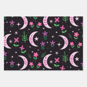 Boho moon with pink flowers and leaves wrapping paper sheets