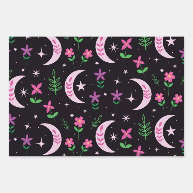 Boho moon  with pink flowers and leaves wrapping paper sheets (Front)
