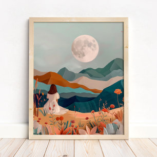 Boho Moonlit Desert Landscape Wall Art Print