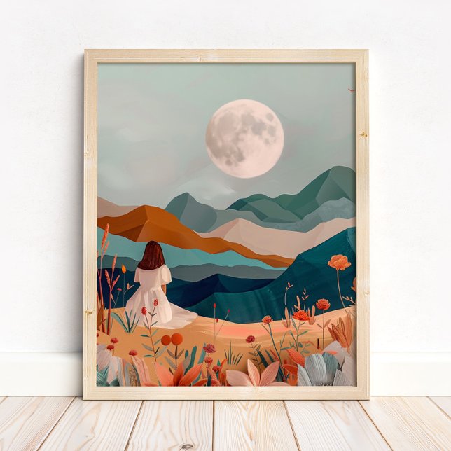 Boho Moonlit Desert Landscape Wall Art Print (Boho Moonlit Desert Landscape Wall Art Print in a neutral wooden frame on the floor)