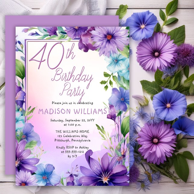 Boho Morning Glories Floral 40th Birthday Party Invitation (Elegant Boho Aster | Morning Glories Floral 40th Birthday Party Invitation Print | Digital Download)