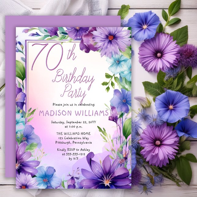Boho Morning Glories Floral 70th Birthday Party Invitation (Elegant Boho Aster | Morning Glories Floral 70th Birthday Party Invitation Print | Digital Download)