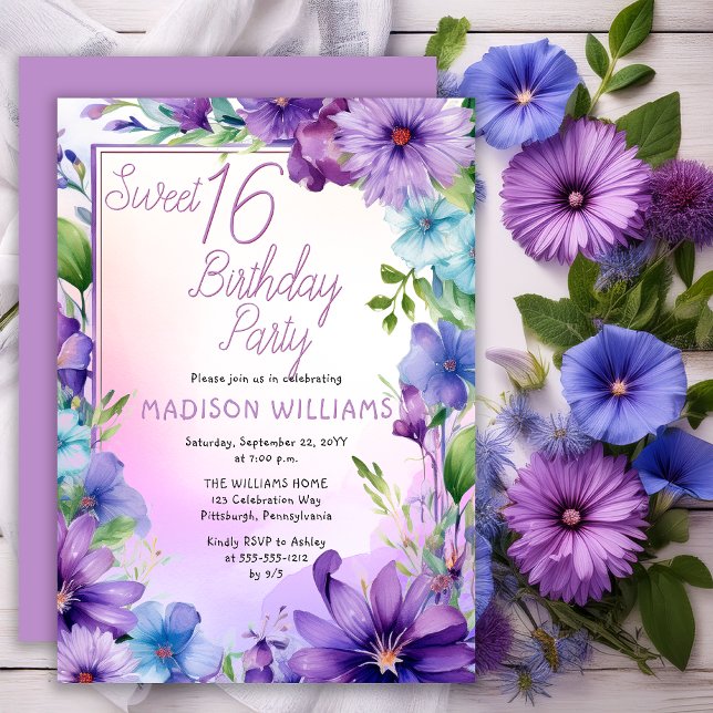 Boho Morning Glories Sweet 16 Birthday Party Invitation (Elegant Boho Aster | Morning Glories Floral Sweet 16 Birthday Party Invitation Print | Digital )