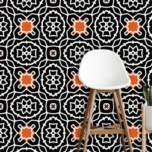 Boho Moroccan Black White Orange Dynamic Geometric Wallpaper