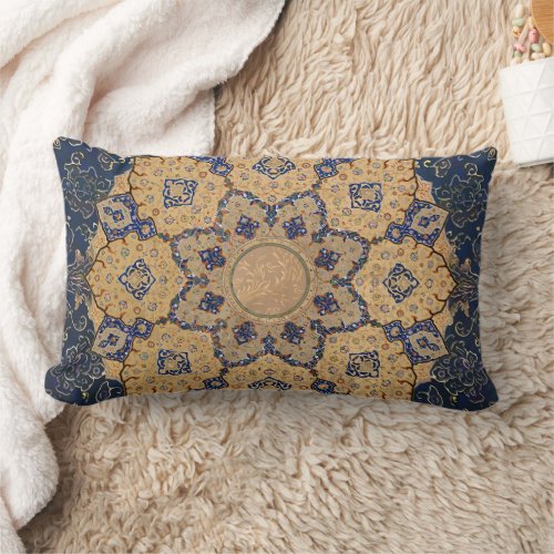 BOHO Moroccan Blue Gold Arabesque Vintage Ephemera Lumbar Pillow