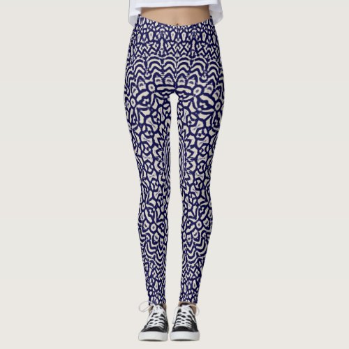 Boho Moroccan Pattern Navy White Yoga Leggings