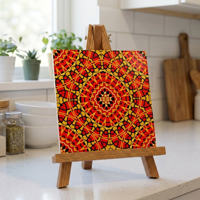 Boho Moroccan Red Yellow Black Geometric Mandala Ceramic Tile (Creator Uploaded)
