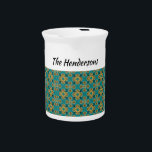 Boho Moroccan Tile Blue and Gold Beverage Pitcher<br><div class="desc">Beautiful Moroccan tile inspired pattern in gold and turquoise. Personalize with your/recipient name.  Add some ethnic,  elegant style to your table!</div>