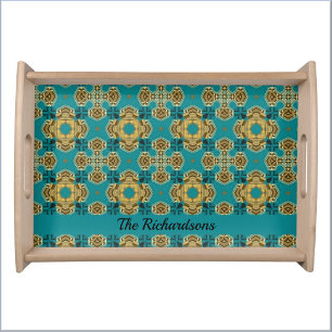 Boho Moroccan Tile Blue And Gold Serving Tray