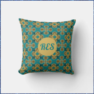 Boho Moroccan Tile Inspired Monogram Throw Pillow