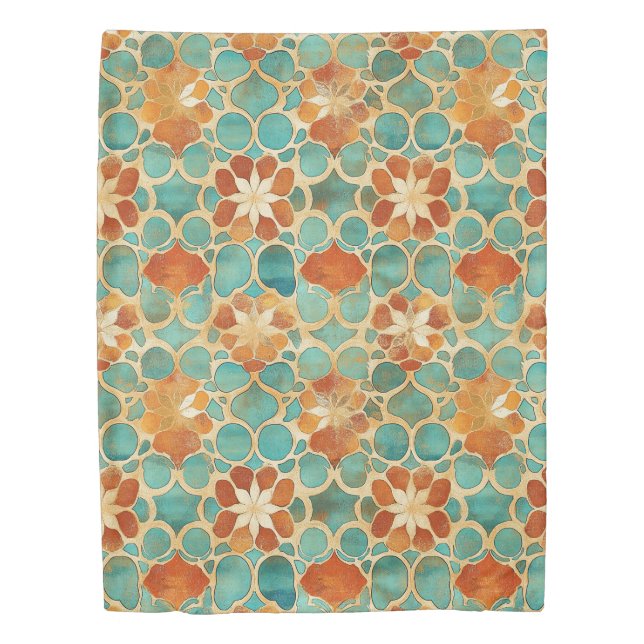Boho Moroccan Turquoise and Terracotta Floral Duvet Cover (Front)