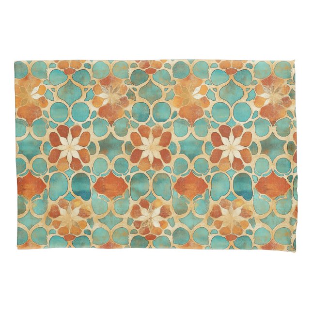 Boho Moroccan Turquoise and Terracotta Floral Pillow Case (Front)