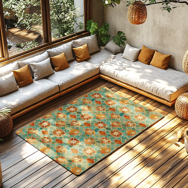 Boho Moroccan Turquoise and Terracotta Floral Rug (Boho Moroccan Turquoise and Terracotta Floral Rug in a sunny boho terracotta living room.)