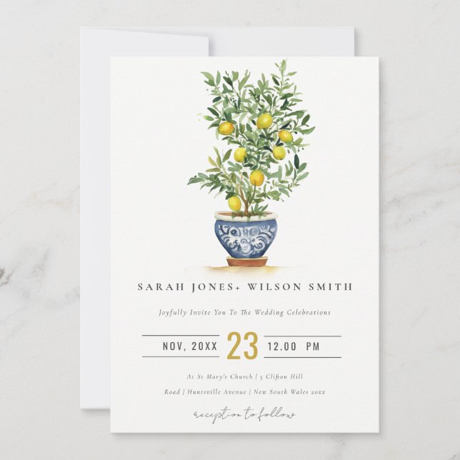 Boho Moroccan Watercolor Yellow Lemon Tree Wedding Invitation (Front)