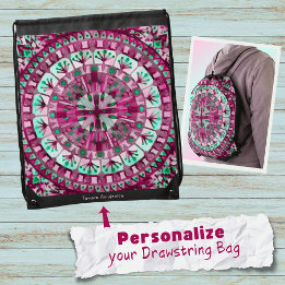 Boho Mosaic Mandala Tile Pink Berry - Drawstring Bag