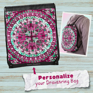 Boho Mosaic Mandala Tile Pink Berry - Drawstring Bag