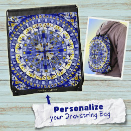 Boho Mosaic Tile Navy Blue Water - Drawstring Bag