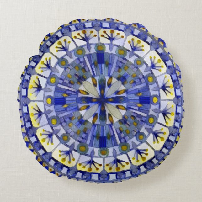 Boho Mosaic Tile Navy Blue Water -  Round Pillow (Front)
