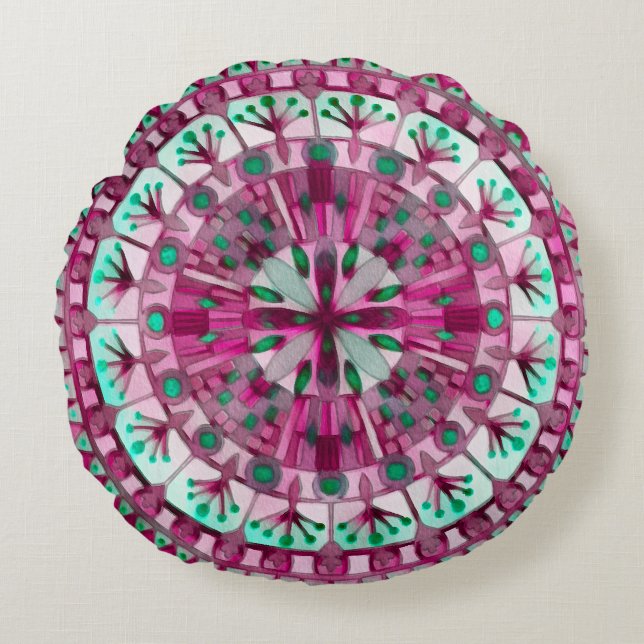 Boho Mosaic Tile Pink Berry -  Round Pillow (Front)